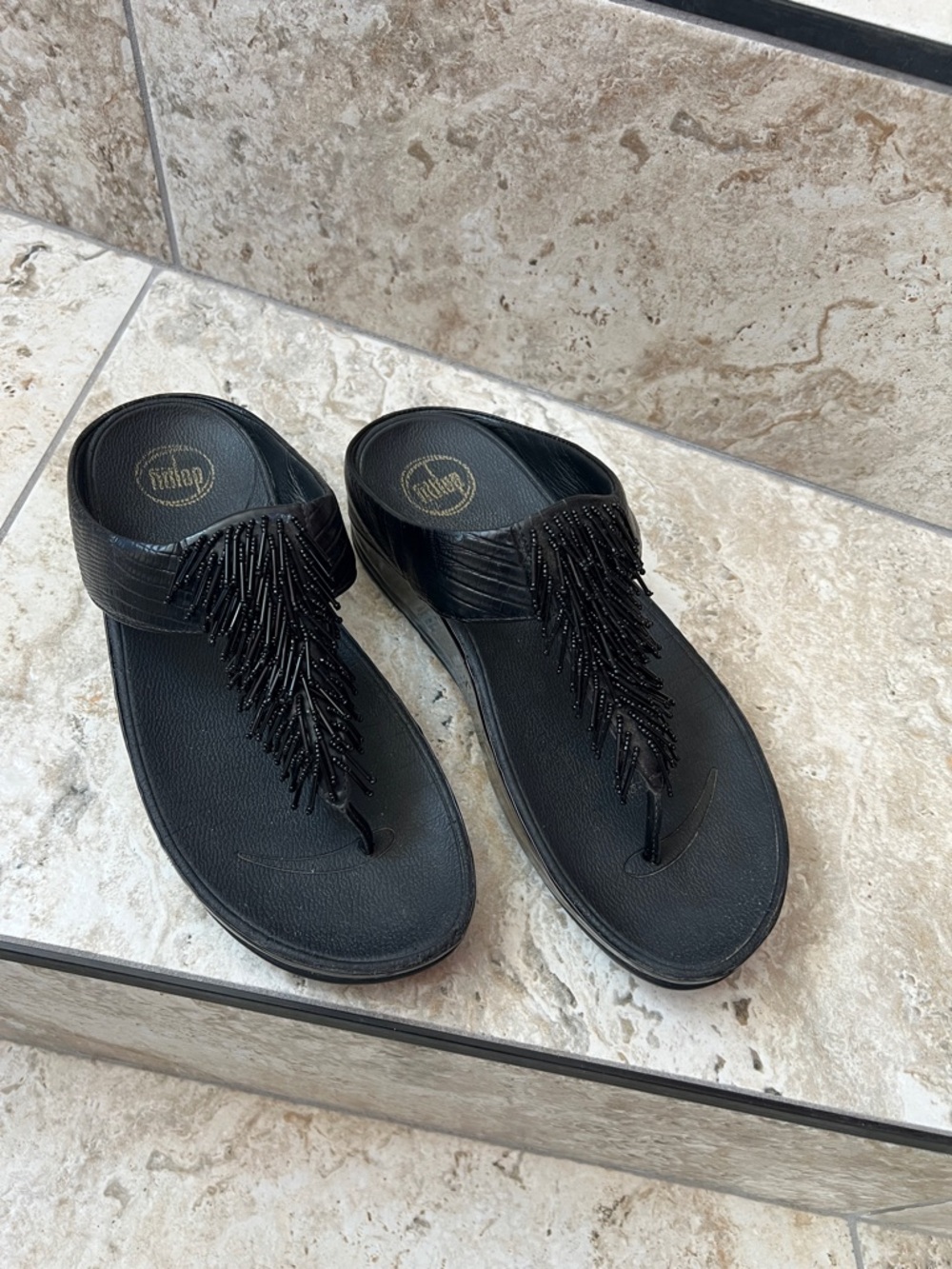 FitFlop Black Beaded Fringe Toe-Post Sandals